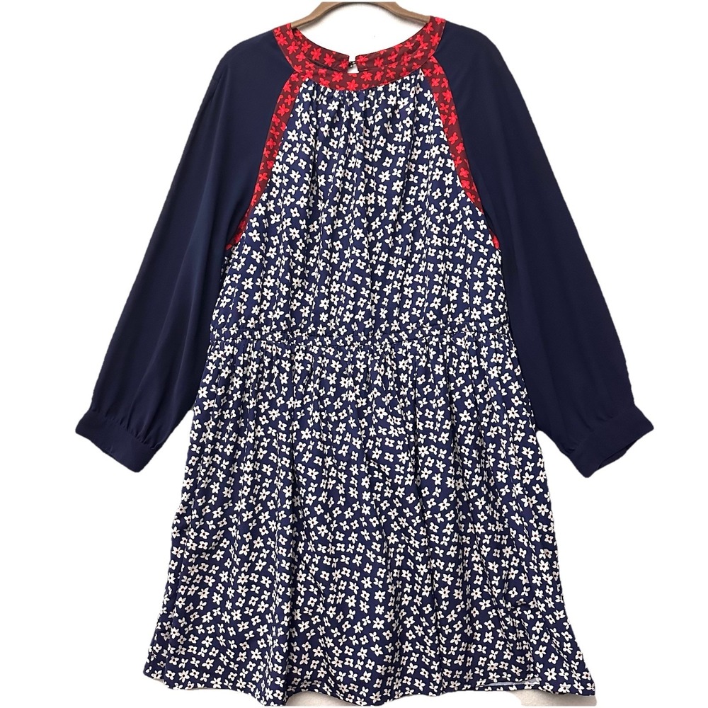 ESHAKTI Blouson Dress 2XL Daisy Floral Henley Chiffon Sleeves Pockets‎ Red Blue